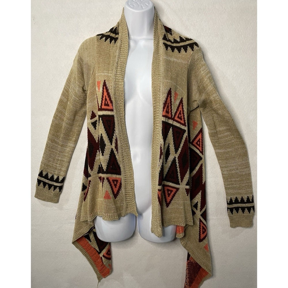 Multicolor brown open front‎ sweater cardigan asymmetrical  aztec  boho Size M